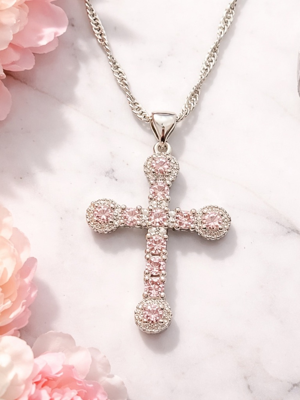 925 Sterling Silver Cross Pendant Necklace with Pink and white Crystals